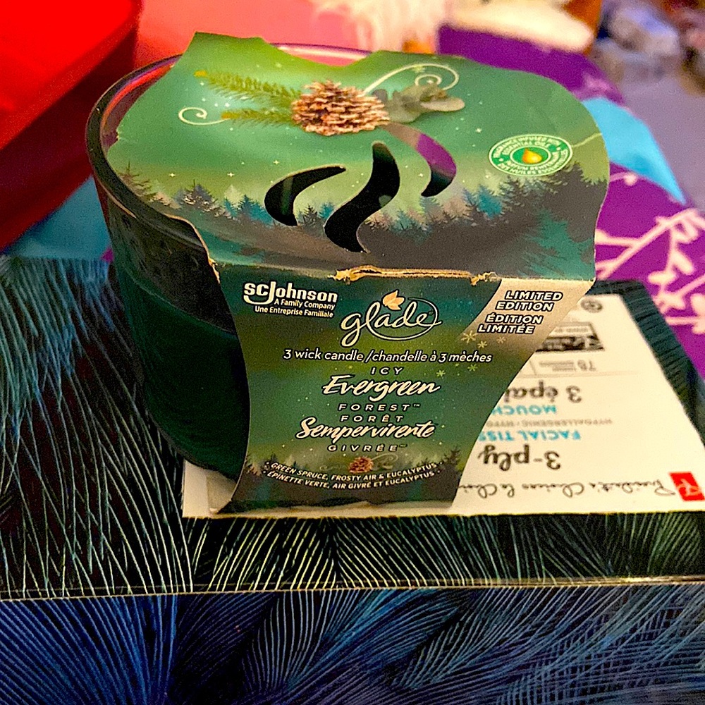 Glade 3 wick candle.  Evergreen Forest scent.